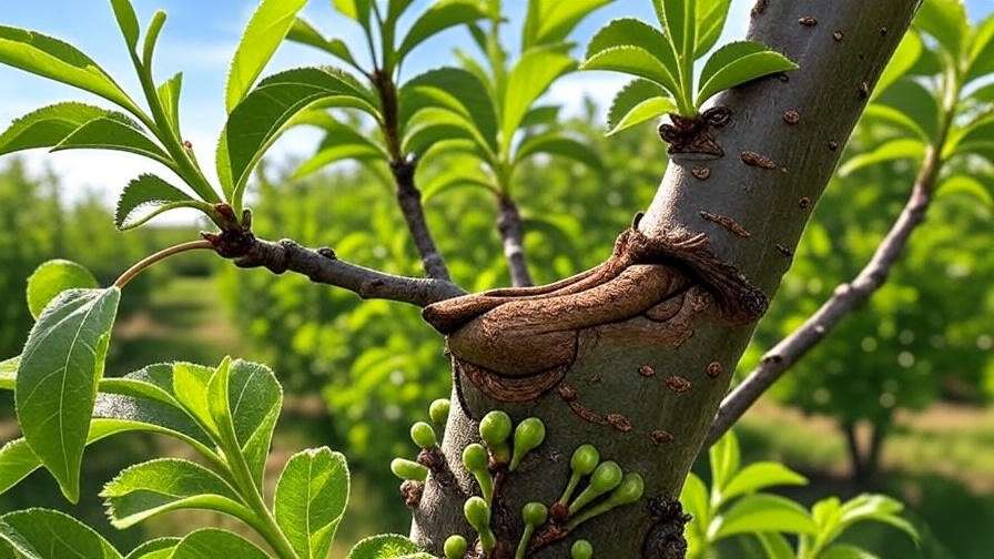 Close-up of cherry tree grafting process with whip-and-tongue technique in a lush orchard.