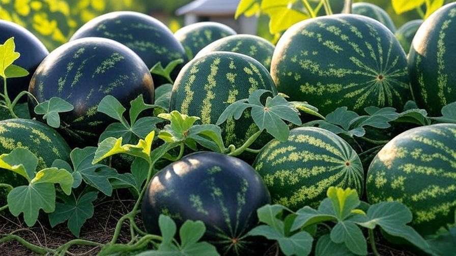 Variety of Japanese watermelons including Densuke and cube-shaped fruits in a lush garden"
