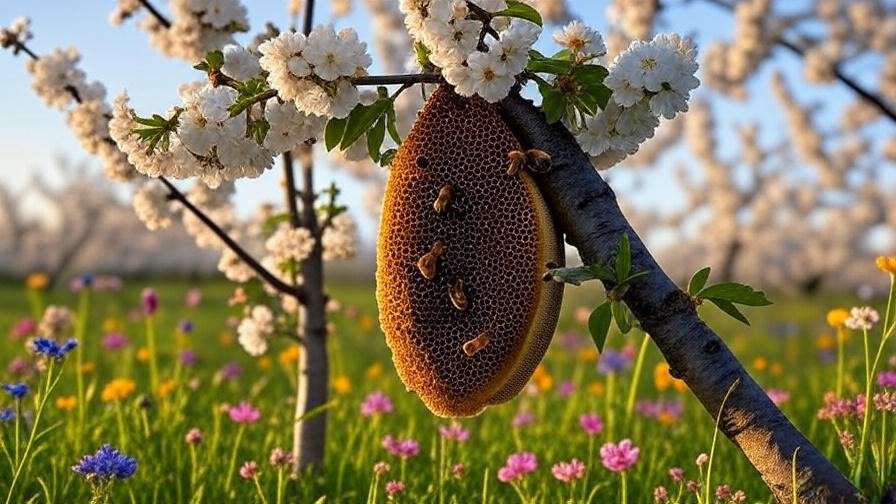 Beehive and bees pollinating cherry tree flowers with wildflowers in orchard