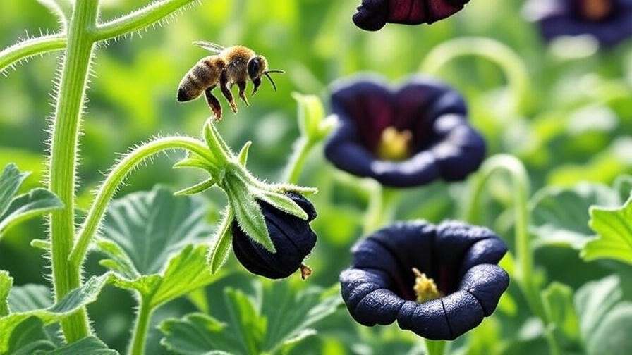 Bee pollinating a black seedless watermelon flower with green vines in the background." 