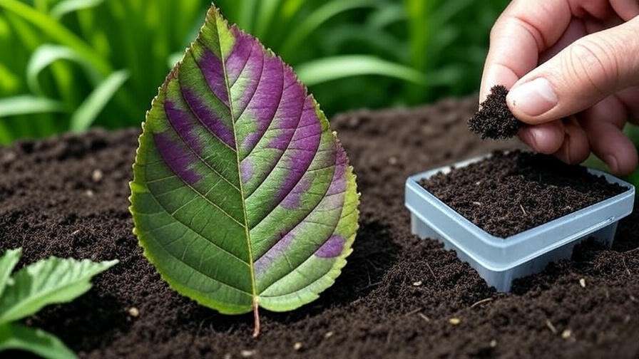 "Close-up of purple cherry tree leaf with soil testing kit in lush garden"