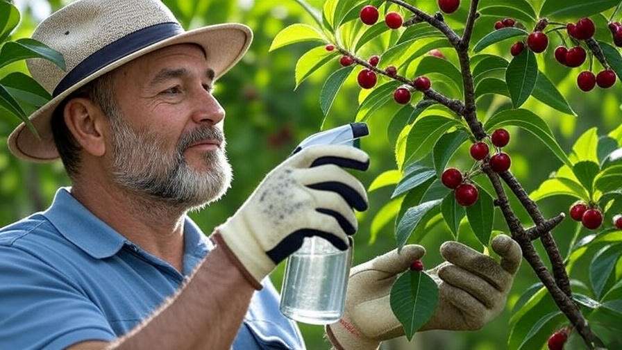 Gardener applying neem oil for natural pest control on a cherry tree with ladybugs.