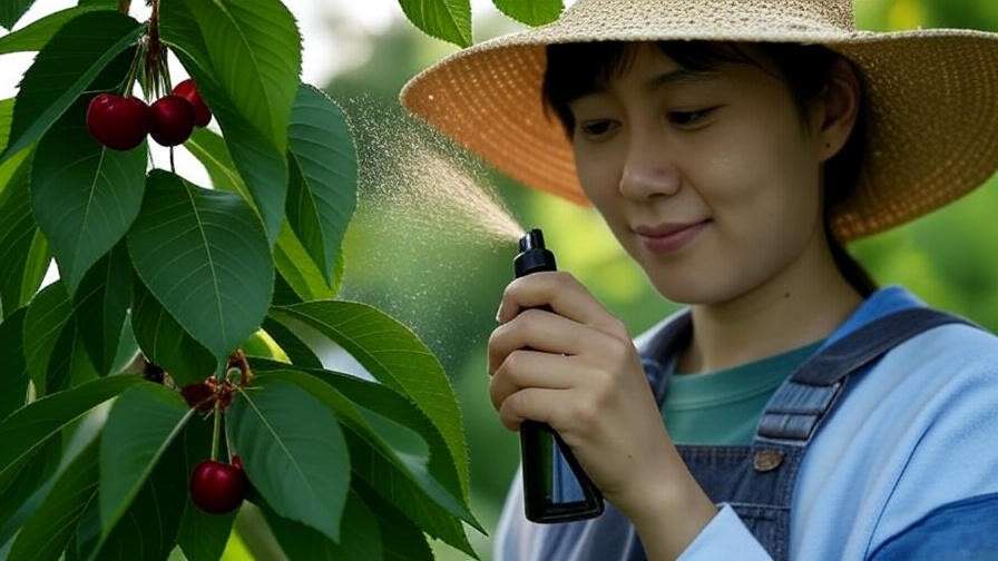 Person spraying neem oil on cherry tree leaves for natural aphid treatment."