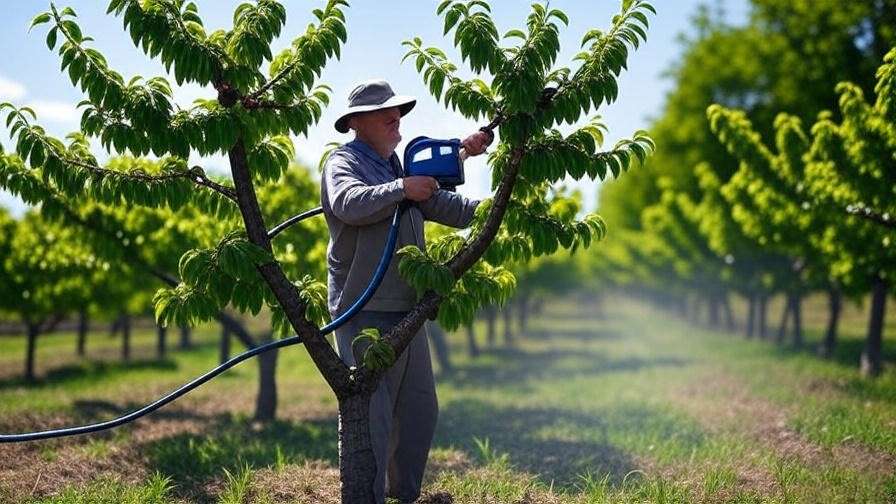 Gardener using a calibrated sprayer for precise pesticide application on a healthy cherry tree.