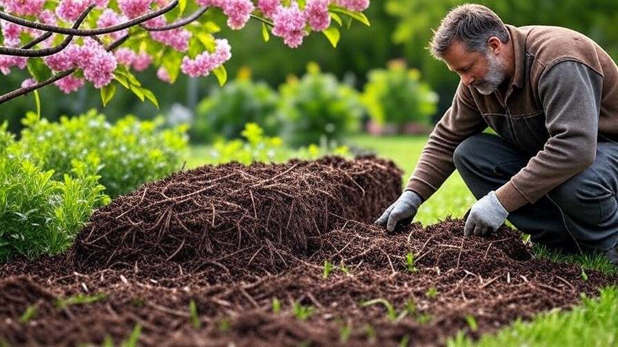 Gardener installing vertical mulch with compost near blooming cherry tree."