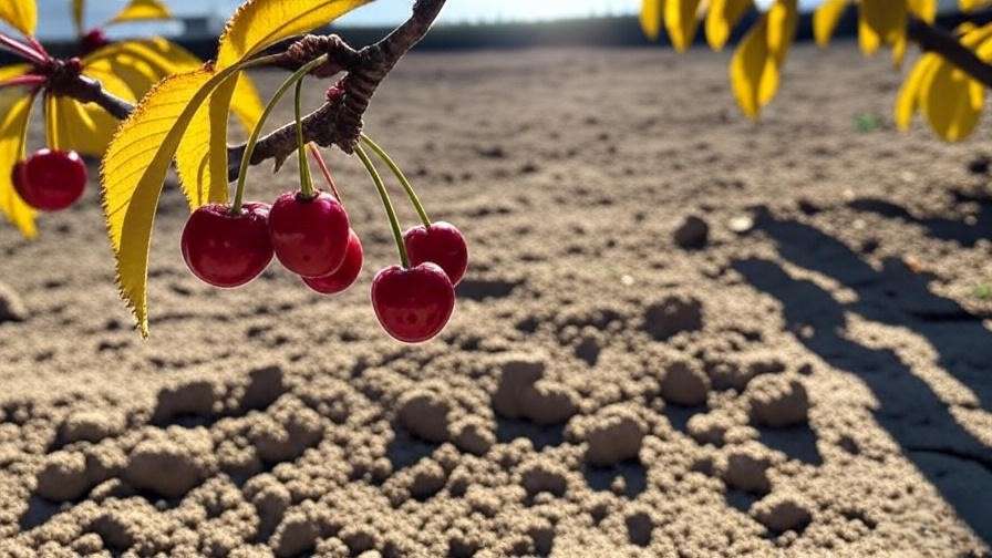 Close-up of a cherry tree branch showing drought stress with curling yellow leaves and shriveled cherries on dry cracked soil."