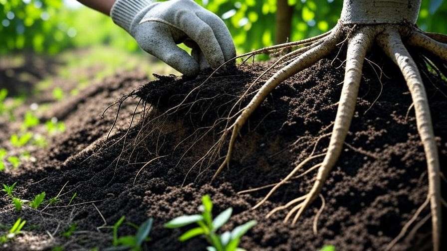 Close-up of cherry tree roots with nematode galls and healthy roots being inspected by a gardener