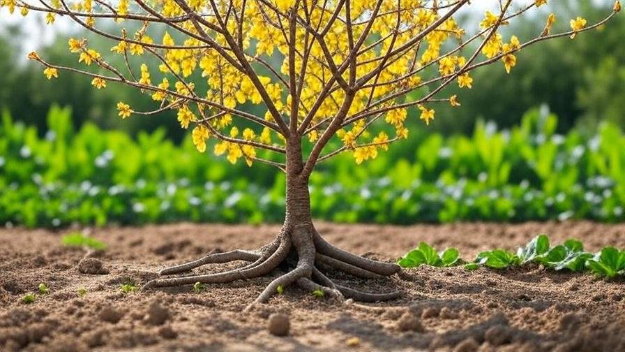 Cherry tree with yellowing leaves and cracked soil showing compaction symptoms in a sunny garden.