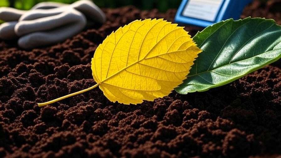 Close-up of cherry tree leaf with yellowing from disease next to healthy leaf, soil testing kit in background