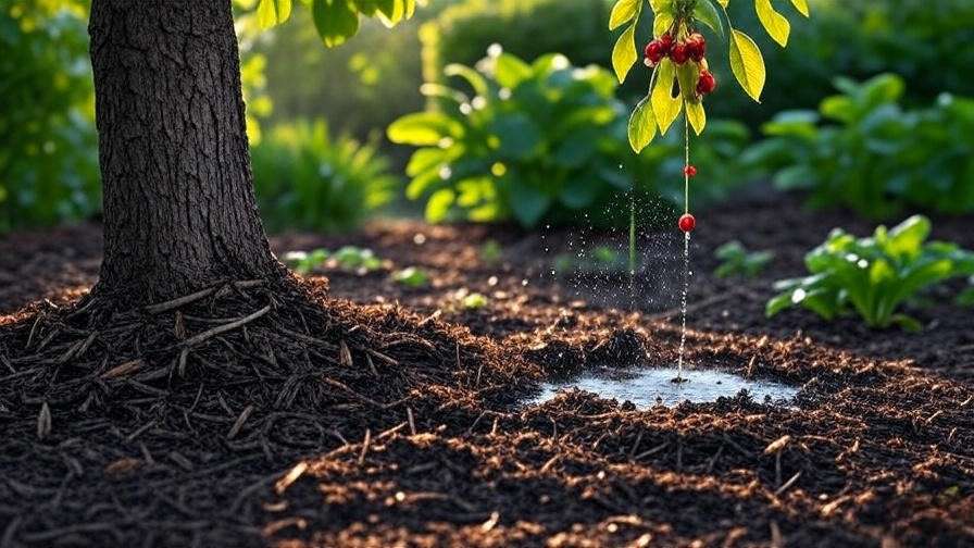 Drip irrigation system watering cherry tree roots with organic mulch