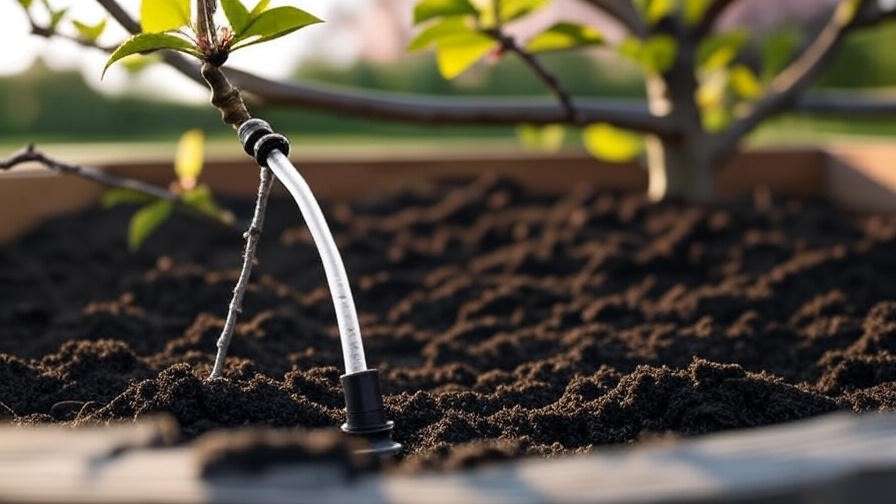 Drip irrigation system watering cherry tree in raised bed