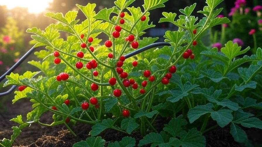 Watermelon berry plant with red berries and green leaves watered by drip irrigation in a garden."
