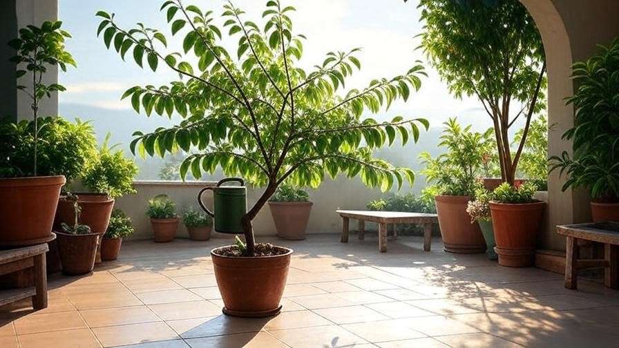 "Potted cherry tree being watered on a sunny patio with green leaves glistening."