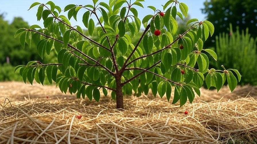 "Cherry tree being watered with a soaker hose and straw mulch in an orchard."