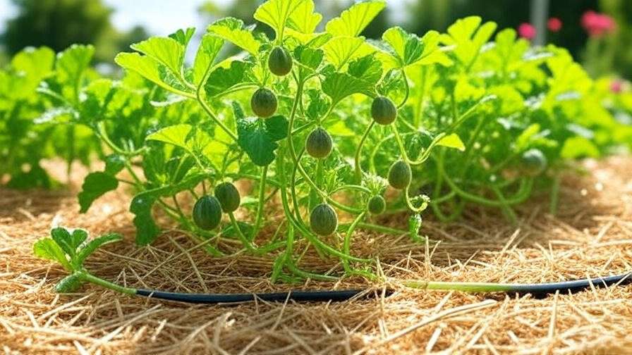 "Penhill watermelon plant with drip irrigation and straw mulch in a sunny garden." 