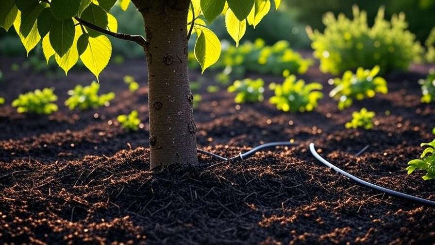 Drip irrigation system watering a cherry tree with mulch and healthy soil in a bright garden".