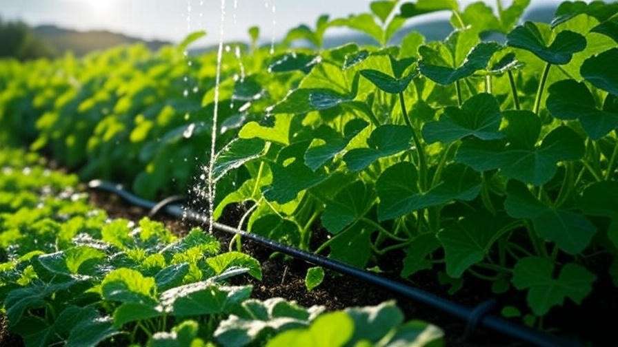 Drip irrigation system watering Jam Watermelon vines in a lush garden."
