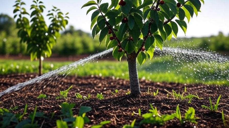 "Drip irrigation system watering cherry tree roots with mulch and green foliage