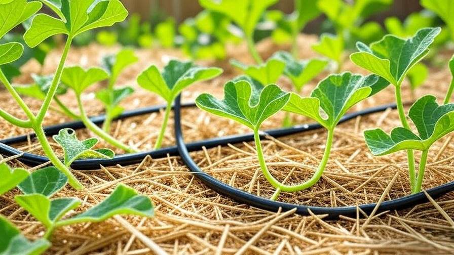 "Black seedless watermelon vine with drip irrigation and organic mulch in a sunny garden." 