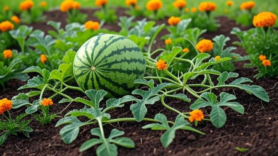 Large green-striped watermelon on a vine with blooming companion plants in a garden."