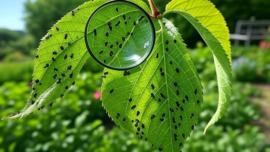 Close-up of cherry tree leaf with black cherry aphids and magnifying glass inspection"