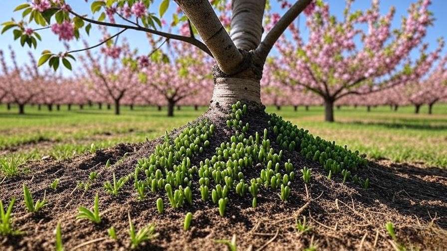 Close-up of cherry tree suckers sprouting from the base in a healthy orchard with pink blossoms.