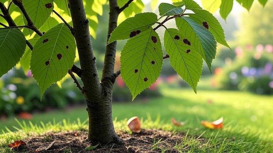 Close-up of cherry tree leaves with fungal spots and fallen leaves in a garden."