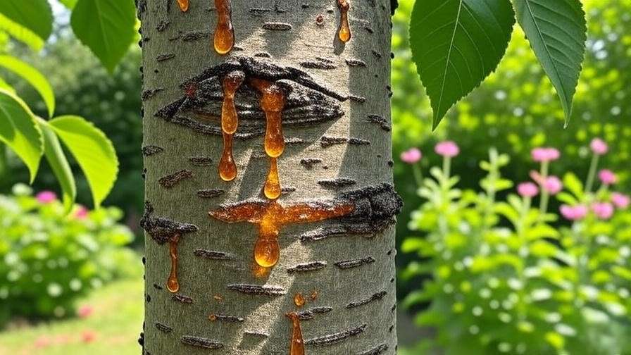 Close-up of cherry tree trunk with gummosis sap oozing, healthy green leaves in sunny garden"