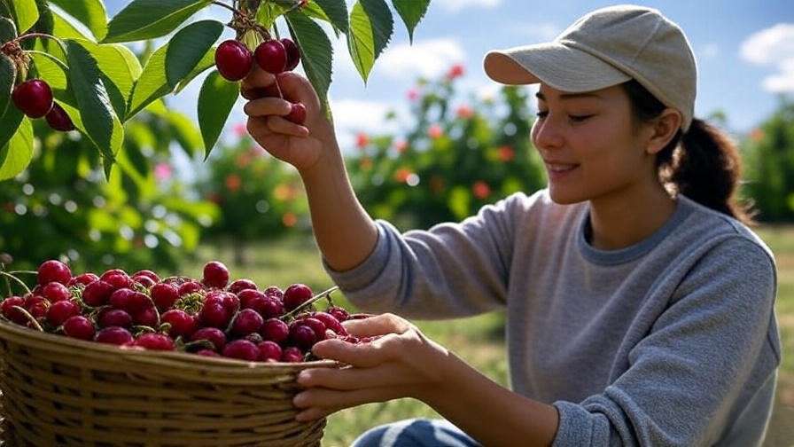 Person harvesting ripe organic cherries from a healthy tree in a sunny orchard.