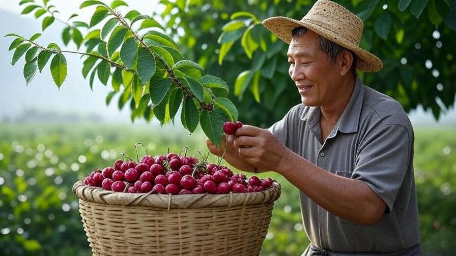 Farmer harvesting ripe cherries into a basket in a morning orchard