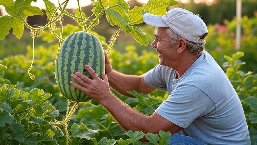 Gardener harvesting a ripe Jam Watermelon with yellow underside in a garden."
