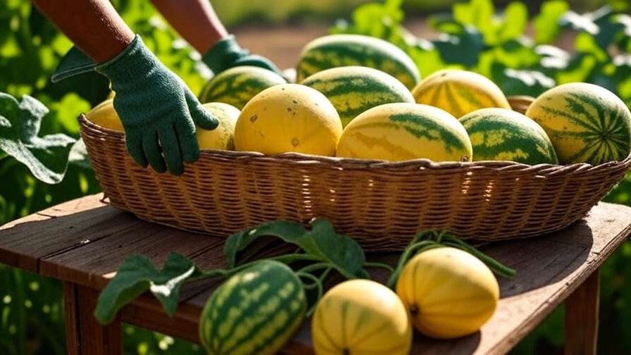 Basket of freshly harvested yellow watermelons with gardener checking ripeness". 