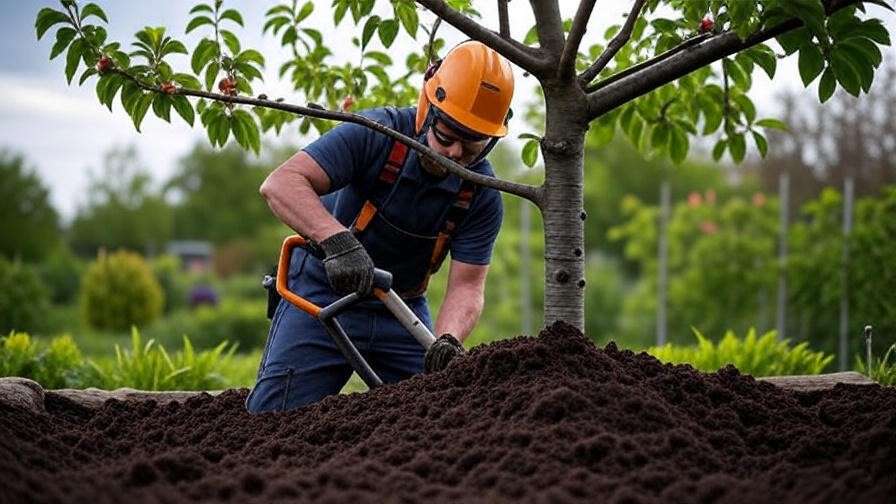 Arborist using air spade to aerate compacted soil around a cherry tree in a garden."