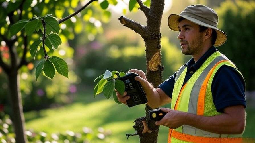 Arborist inspecting a cherry tree with diagnostic tools and damaged branch."
