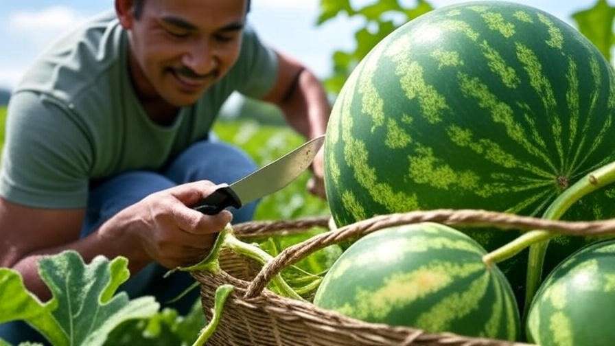 Gardener harvesting ripe Penhill watermelons with knife in lush garden.