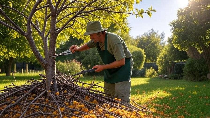 "Gardener pruning cherry tree with shears, removing yellow branches in sunny garden."