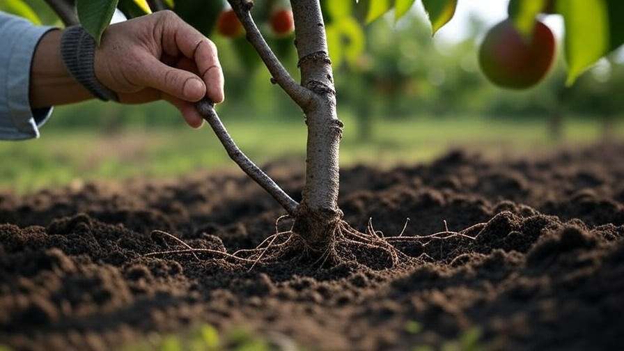 Gardener aligning scion and rootstock during cherry tree grafting process.