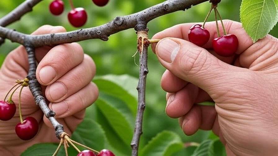 Close-up of whip-and-tongue grafting on cherry tree with budding cherries"

