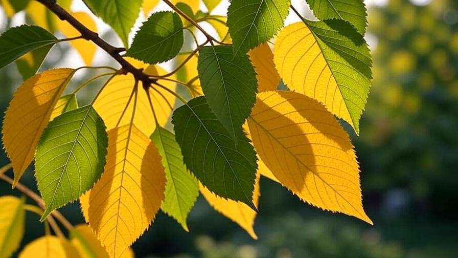 Close-up of cherry tree leaves with yellowing and green stages in a garden"
