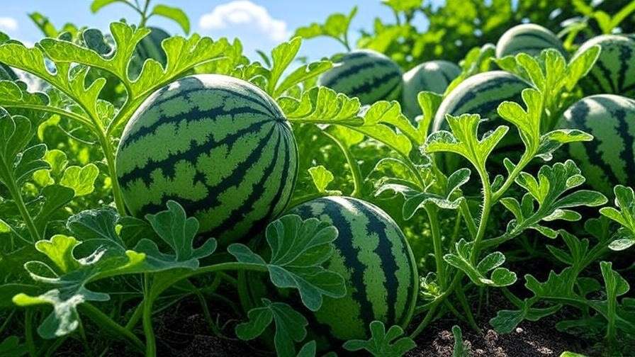 Lush garden with mini watermelon seedless varieties growing on vines under bright sunlight." 