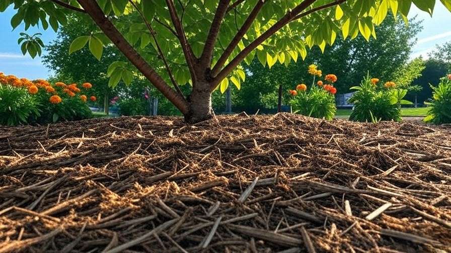 Healthy cherry tree with organic mulch in an eco-friendly garden, promoting pesticide-free growth.