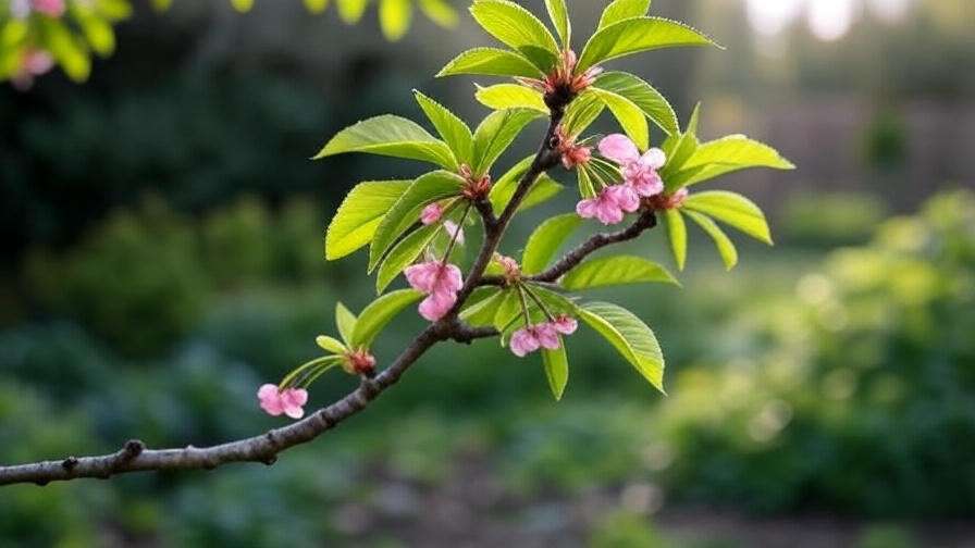 Close-up of cherry tree branch with pink blossoms and green leaves after winter dormancy".