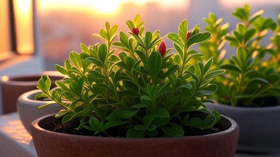 Compact Watermelon Zkittlez plant thriving on a balcony with colorful buds at sunset."
