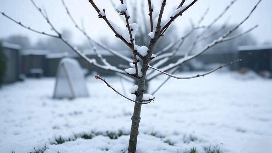 Staked cherry tree with snow protection in a winter garden.