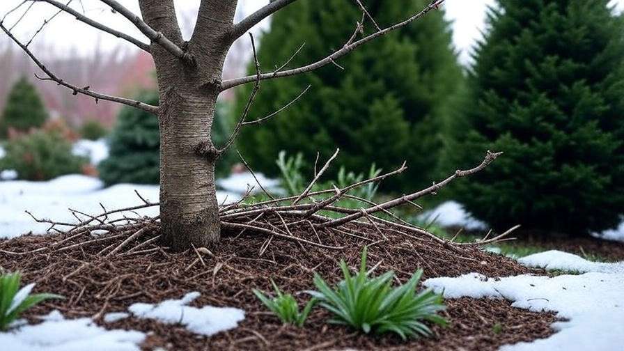 Gardener pruning cherry tree in winter with mulch and snow-covered ground."