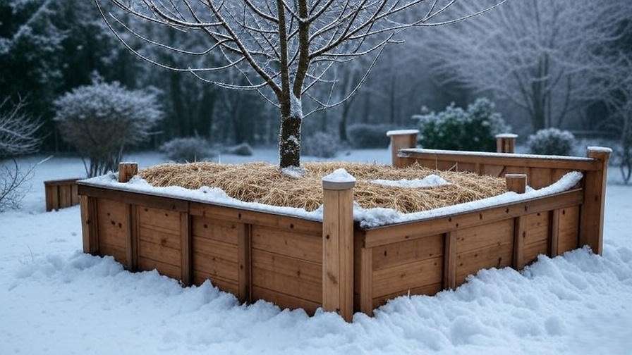 Raised bed with straw mulch and frost blankets protecting cherry tree in winter".