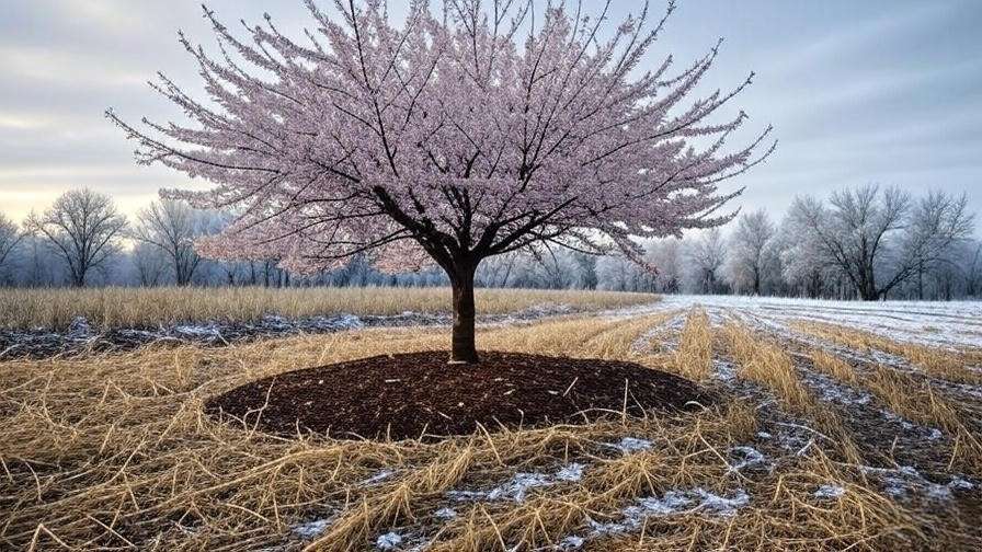 Cherry tree with mulch and rye cover crops protecting soil during winter in an orchard