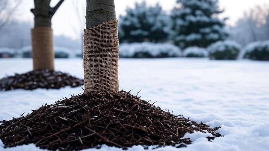 Young cherry tree with burlap trunk wrap and mulch in a snowy winter garden."