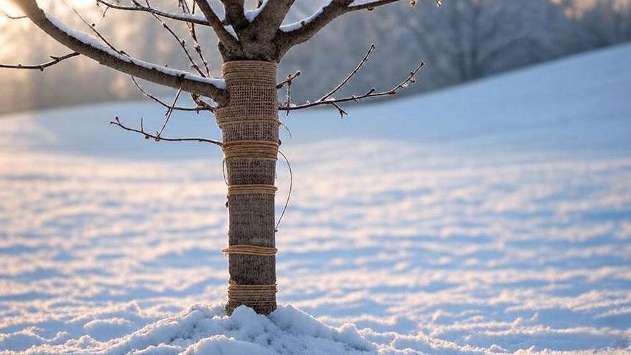 Young cherry tree wrapped in burlap with stakes for ice protection in snow".