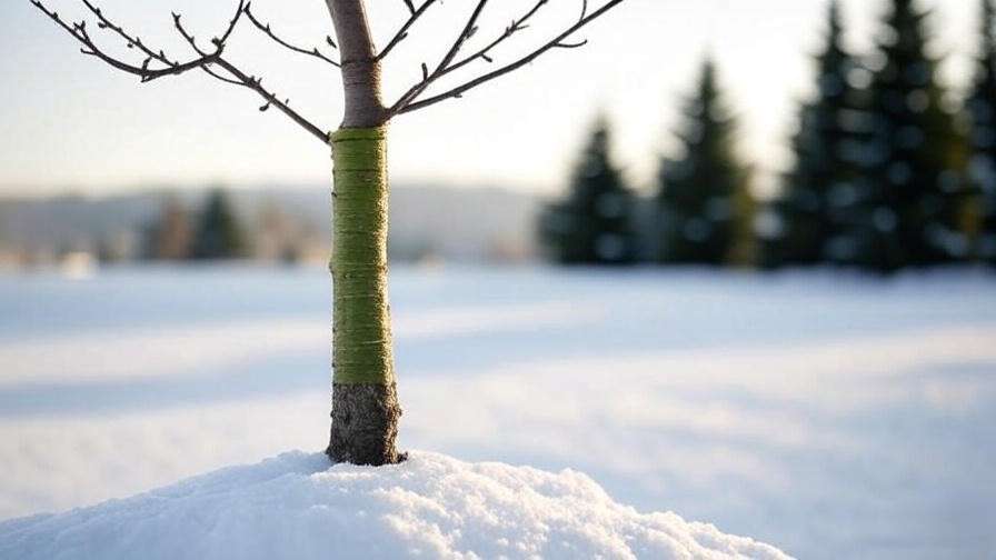 Young cherry tree trunk wrapped for winter protection in snowy landscape."
